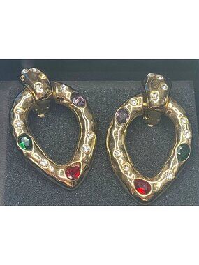 Chunky Doorknocker Earrings Signed Scaasi, Goldtone, Teardrop Shaped Multicolore